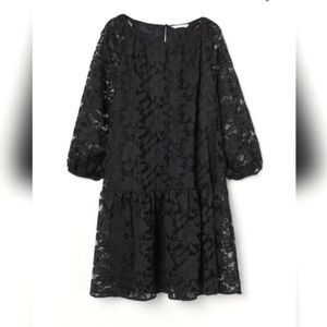 Black Raglan Balloon Sleeve Lace Dress